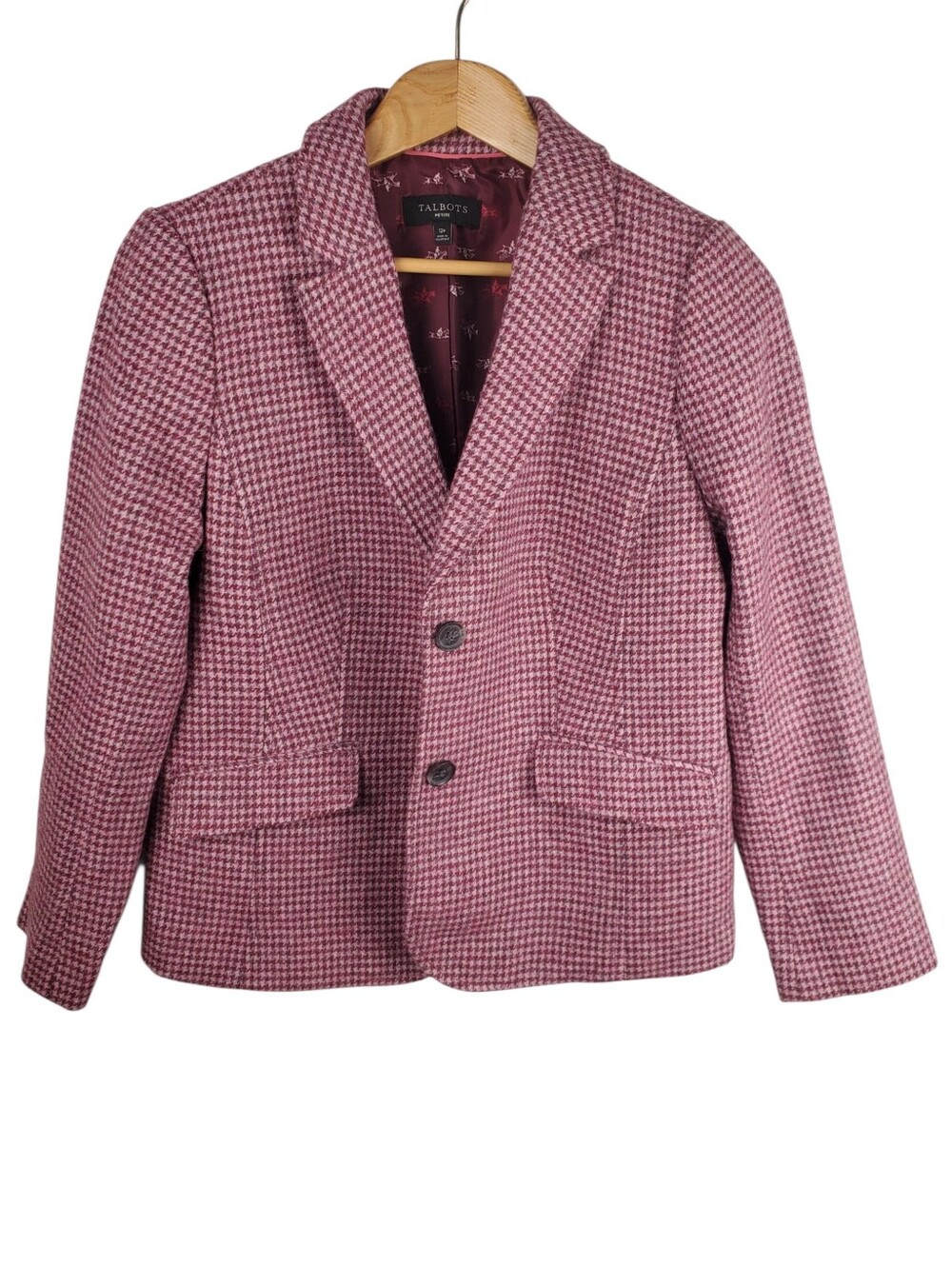 Talbots Pink Houndstooth Shetland Wool Blazer Jacket 12P Like New. #347
